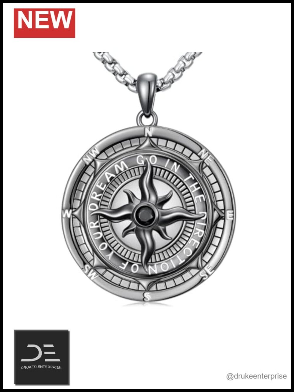 Sterling Silver Compass Necklace Inspirational Pendant with Chain